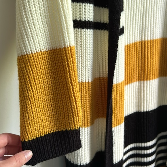 Mustard, black and white stripe cardigan mid length duster. - Picture 2 of 2